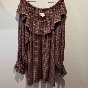 Dancing Kind Brown Checker Oversize Off-Shoulder Ruffle Puff Sleeve Blouse Dress